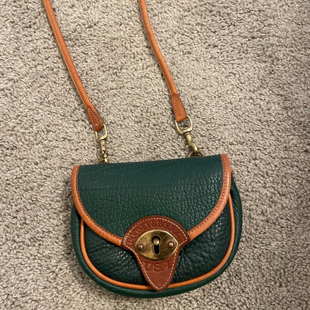 VINTAGE Dooney & Bourke Green and Tan Leather Mini Saddle Crossbody Bag